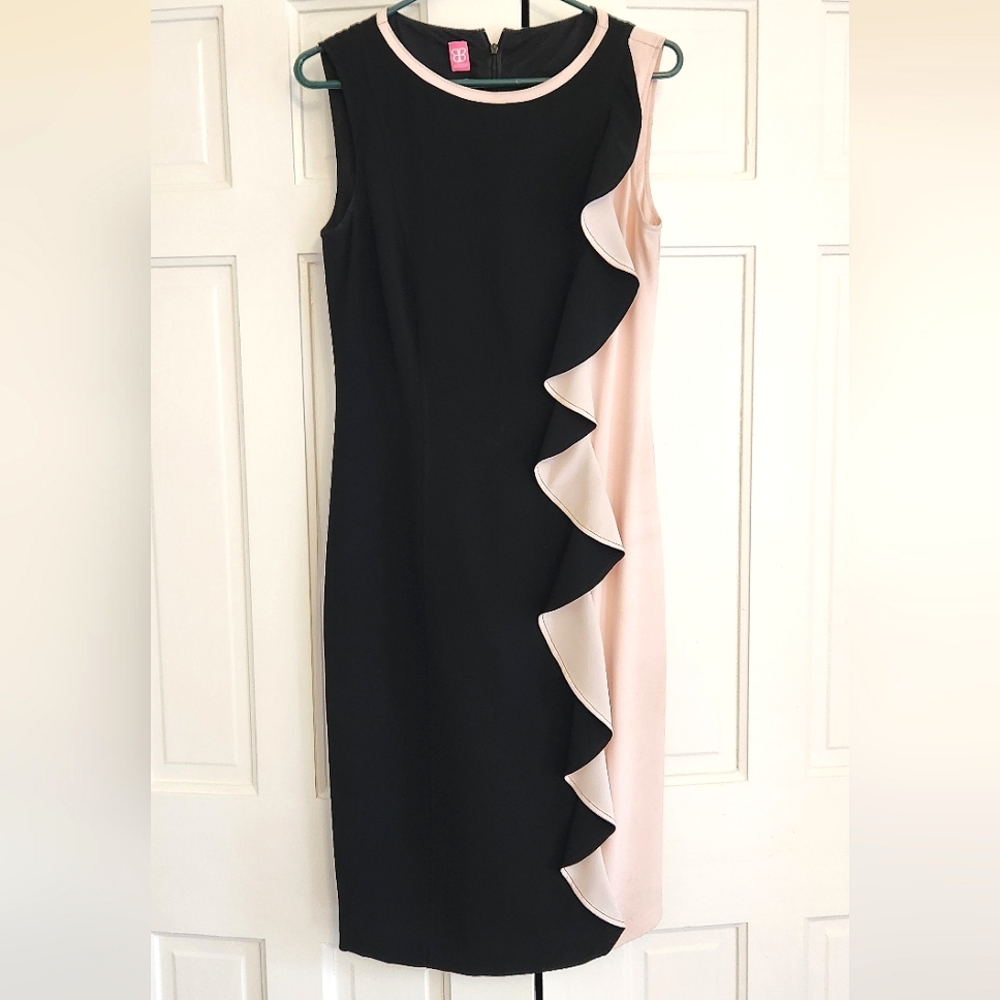 BASLER • Black & Light Pink Ruffle Accented Dress, Size 8-10